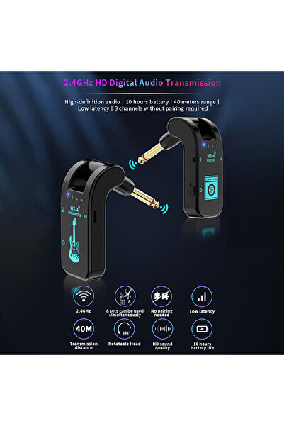 Choice1 Black 2.4G Wireless Guitar System Rechargeable Guitar Transmitter Rec...