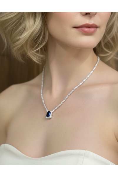 set.up Completely Processed with Zircon Stones Waterway Model Navy Blue Stone Baguette Necklace