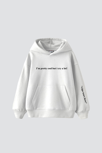 Sekizbiraltı Wipe Tears Here Printed Oversized Unisex White Hoodie