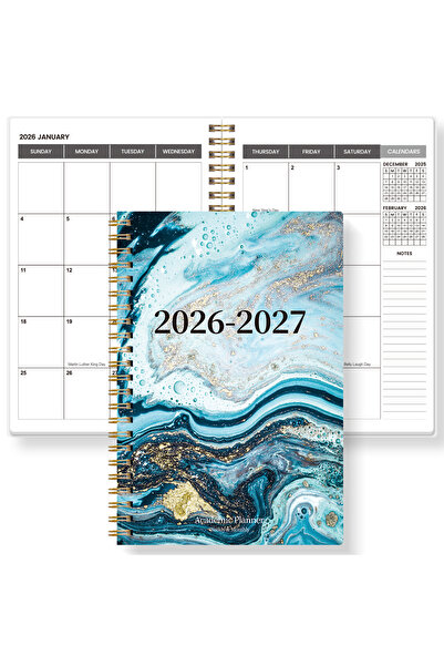 Choice مخطط أسبوعي وشهري أزرق مقاس A5 لعامي 2026-2027 - من يناير 2026 إلى ديسمبر 2027، منظم حلزوني مع تقويم و N