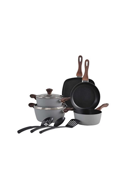 Noon East 10-Piece Non-Stick Aluminum Cookware Set with Wood Finish Handles -...