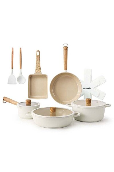 Sensarte 15-Piece Ceramic Non-Stick Cookware Set with Wooden Handles, Cream W...