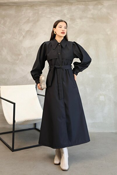 QUBERZ Plus Size Balloon Sleeve Resort Collar Belted Long Trench Coat