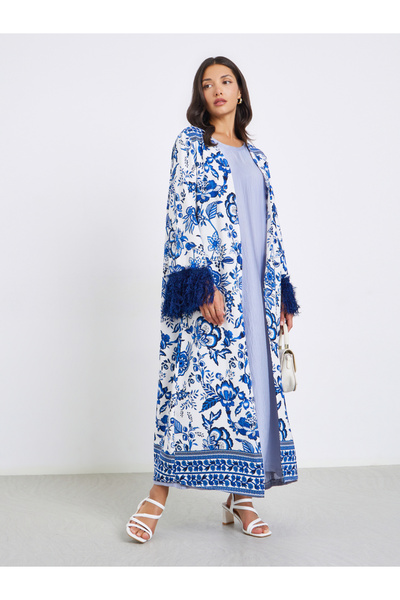 Styli Women Blue Floral Print Abaya with Fringed Sleeves