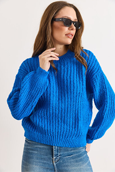 Olalook Women's Cobalt Blue Crew Neck Fleece-Lined Basic Thick Sweater Kzk-19001095