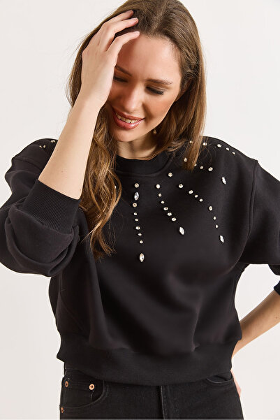 Olalook Women's Black Stone Detailed Fleece-Lined Thick Sweatshirt Swt-19000792