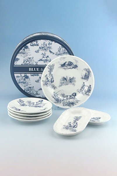 Bursa Porselen Dekor İnci serisi mavi İngiliz 8 parça porselen pasta takımı