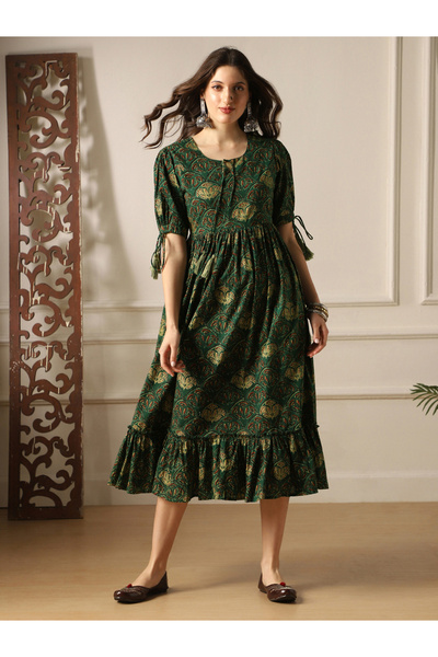 Globus By Styli Puff Sleeves Ethnic Print A-Line Midi Dress