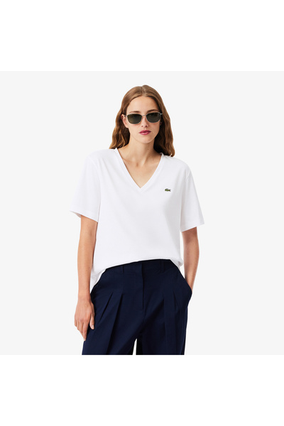 Lacoste تيشيرت قطني ناعم بياقة على شكل حرف V قصة مريحة - TF7300-00-001