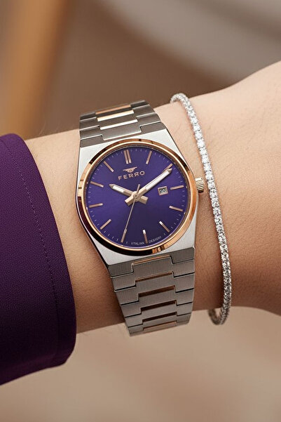 FERRO Yeni Model Çelik Bilezik Rose / Metalik Mor Kadran Kadın Kol Saati + Bileklik Hediyeli