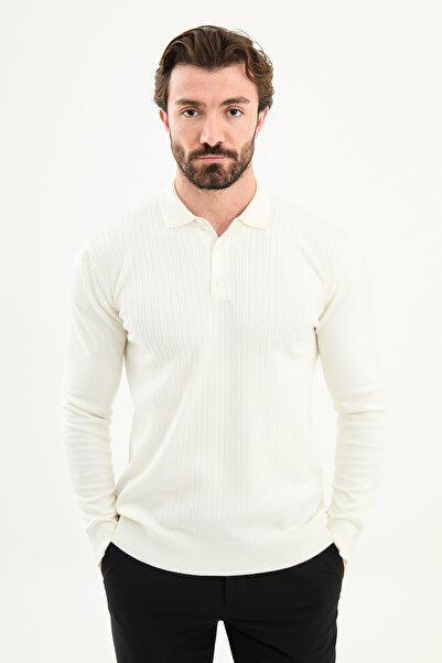 Mcr Corded Fabric Slim Fit Polo Neck Men's Knitwear Sweater Ecru - 11573.25K