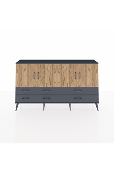 Dienni Arges Konsol 6 Raflı 6 Çekmeceli 4 Kapaklı 176x30x99 Antrasit-Çam/Antr...