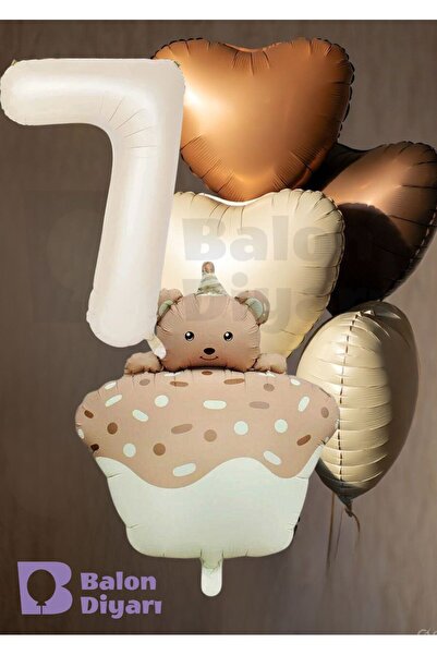 BALON DİYARI Age-Themed Retro Teddy Bear Cake 3-Piece Heart-Shaped Birthday B...