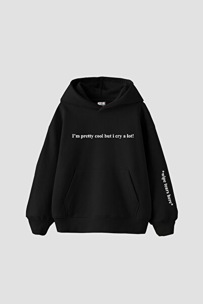 Sekizbiraltı Wipe Tears Here Printed Oversized Unisex Black Hoodie