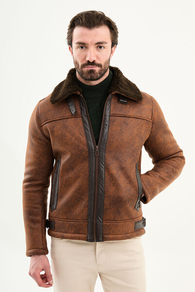 Mcr Faux Leather Slim Fit Inside Fur Lined Side Pocket Zippered Men's Coat Ca...