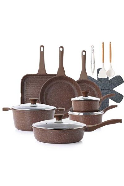 Sensarte 21-Piece Swiss Granite Coating Cookware Set, Toffee Brown