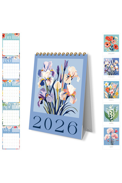 Choice تقويم مكتبي أزرق مزهر لعام 2026 مع دفتر ملاحظات ومخطط شهري للمنزل والمكتب والمدرسة