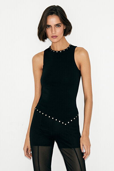 GRIMELANGE Fever Women's Round Neck Hem Asymmetrical Stitching Stone Detailed Stretchy Black Blouse