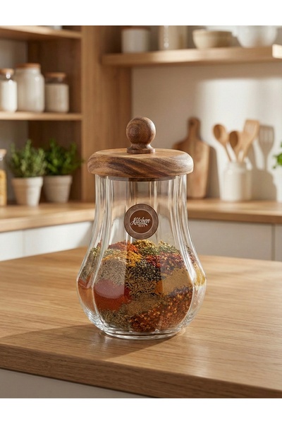 Kitchen Way وعاء زجاجي بغطاء من خشب السنط سعة 950 مل مع حشوة للتخزين KW-1169