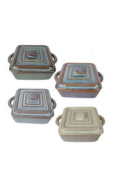 Koopman International Set de 4 ramekinuri cu capac Koopman, ceramică, 14x10.5x6.5 cm, 240 ml, pătrate
