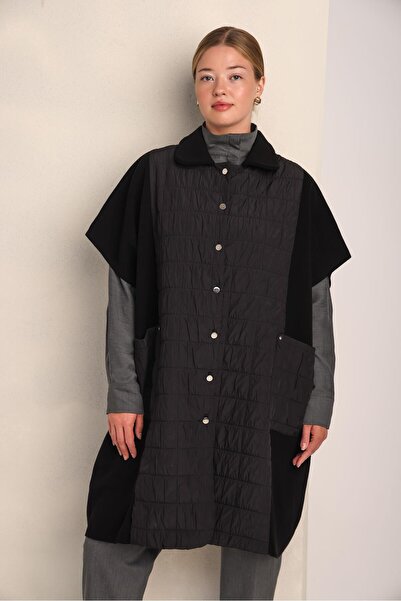 Uludağ Triko Women's Black Quilted Paneled Buttoned Winter Cotton Coat