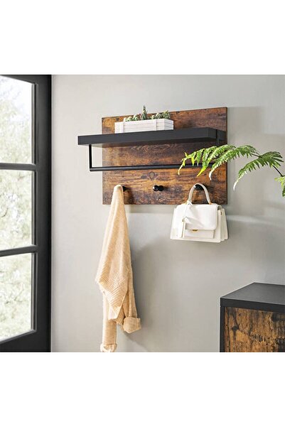 OEM Cuier de perete cu raft și 3 cârlige, rustic maro/negru, 60x40 cm