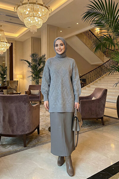 FERHEL Baklava Wick Pattern Soft Yarn Knitwear Tunic Sweater