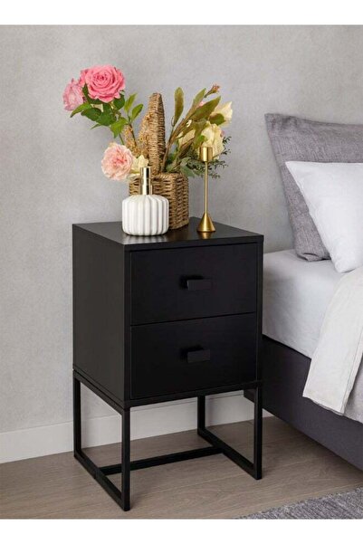 Ollieroo طاولة جانبية وطاولة بجانب السرير مع درجتين، أسود، 30 × 30 × 47 سم