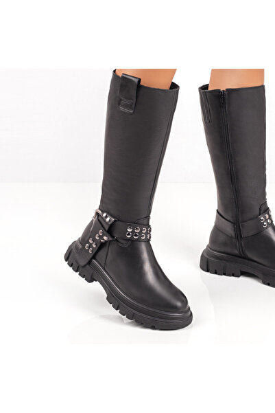 Modlet.ro Γυναικείες μαύρες μπότες από γνήσιο δέρμα με φερμουάρ και μεταλλικά...