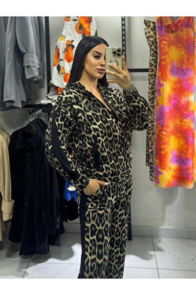 inci bayan giyim Set de trening PALAZZO cu dungi leopard pentru femei, cu fermoar