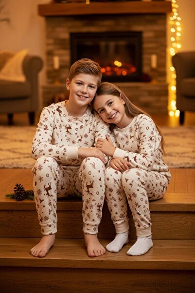 Fulla Moda Geyik Desenli Polar Unisex Çocuk Pijama Takımı