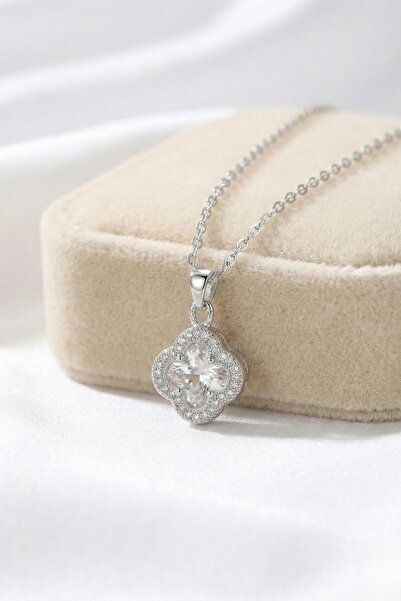 Lorivelle قلادة من الزركون الفضي اللون على شكل ورقة البرسيم رباعية الأوراق - ...