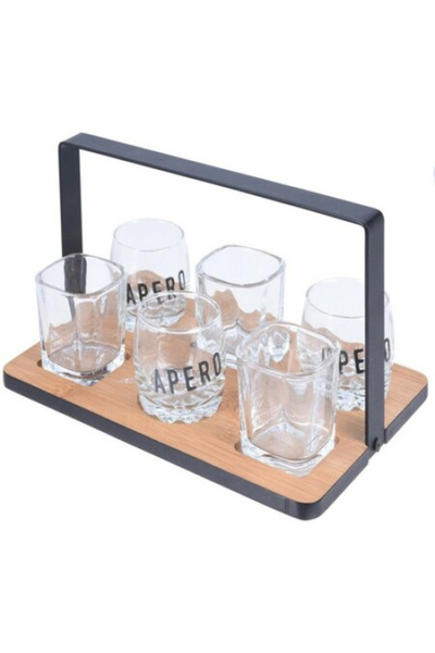 Koopman International Tavă de servire Koopman, 7 piese, bambus/sticlă/metal, 22,5x15,2x14,5 cm, negru/maro/transparent