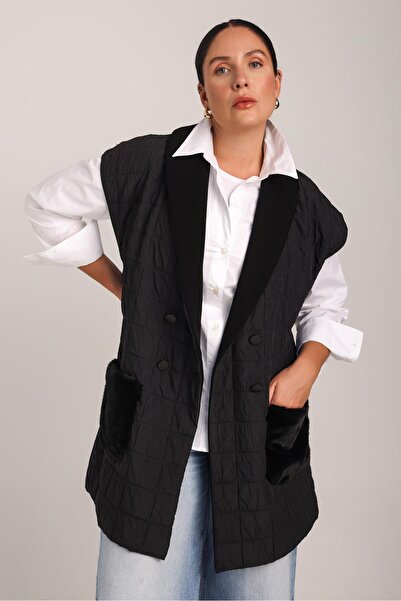 Uludağ Triko Women's Black Quilted Pocket Buttoned Coat Vest