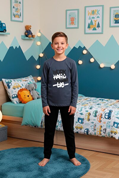 Kompedan Erkek Çocuk İnterlok Bisiklet Yaka Pijama Takımı | Füme 301