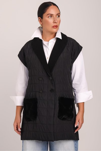 Uludağ Triko Women's Black Quilted Pocket Buttoned Coat Vest