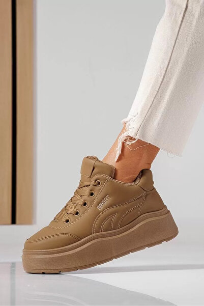 Zaira Women's fur-lined khaki sneakers made of eco-leather Giorgia #22508 - 40