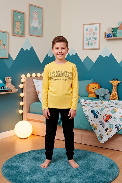 Kompedan Erkek Çocuk İnterlok Bisiklet Yaka Pijama Takımı | Sarı 300