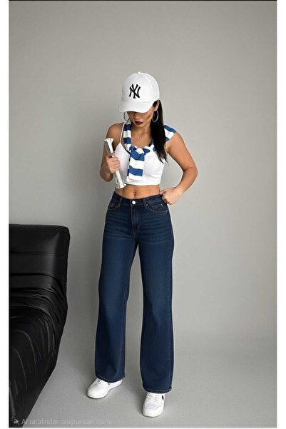 NWC بنطلون جينز نسائي فضفاض من Denyy قماش قابل للتمدد باللون الأزرق ذو خصر عا...