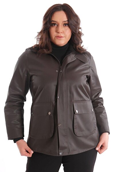 Metpoint Trend42Plus Plus Size Velvet Collar Brown Coat with Snap Button Detail