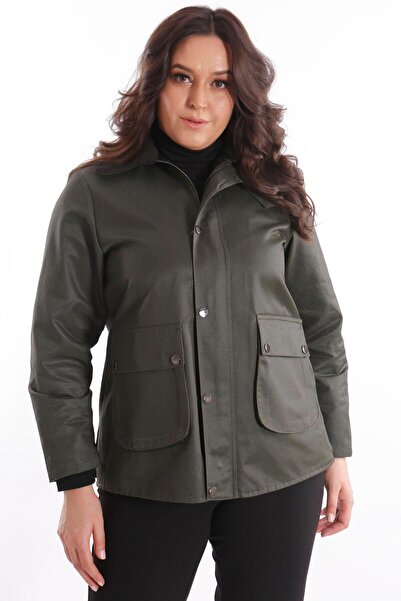 Metpoint Trend42Plus Plus Size Velvet Collar Khaki Coat with Snap Button Detail