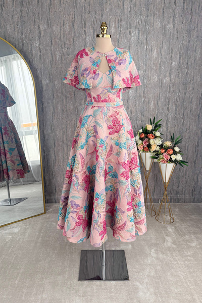 Lenta Moda Pudra Desenli Pelerin Hediyeli Midi Boy Brokar Abiye Ve Gece Elbisesi