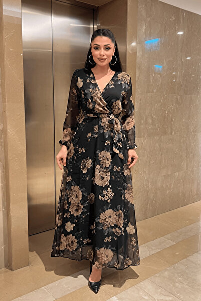 giyimmasalı Chiffon Fabric Elastic Waist Dress - Brown