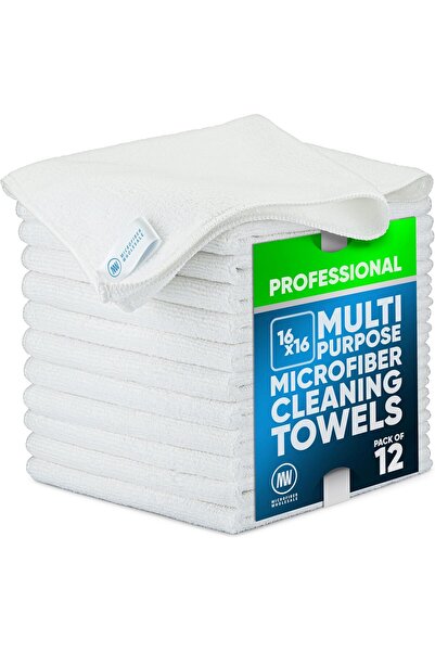 Microfiber Wholesale قطعة قماش للتنظيف - أبيض، عبوة من 12 قطعة، 16 × 16 بوصة