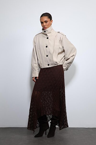 Antioch Beige Pleated Detailed Mock Neck Coat