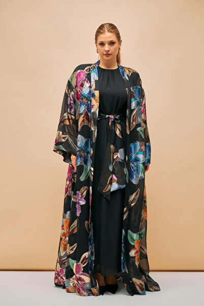 İnce Kuşak detaylı Elbise Kimono Kaftan Takım
