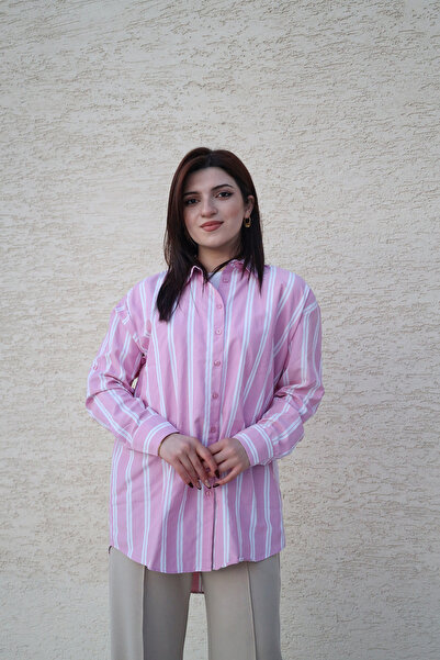 modahira Moda Hira Kadın Pembe Beyaz Çizgili Oversize Gömlek