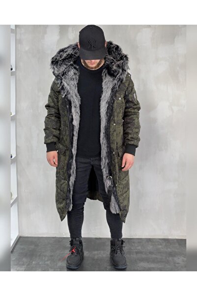İKONAMODA Haki Yeşili içi kürklü Uzun Mont Parka