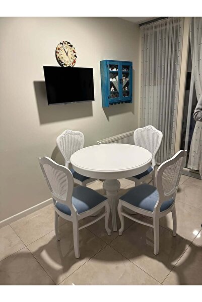 Meser Mobilya EZİNE BEYAZ YUVARLAK AÇILIR MUTFAK MASASI / URLA BEYAZ- MAVİ AH...