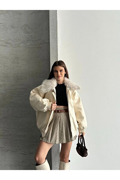 Marbella Kadın Premium Kalite Tasarım Kürk Yaka Gabardin Ceket